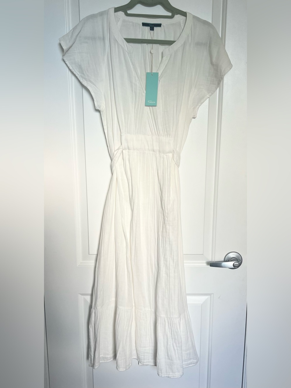SHORE Brand White Alys Belted Tiered Flutter Sleeve Midi Dress NWT Sz. Small